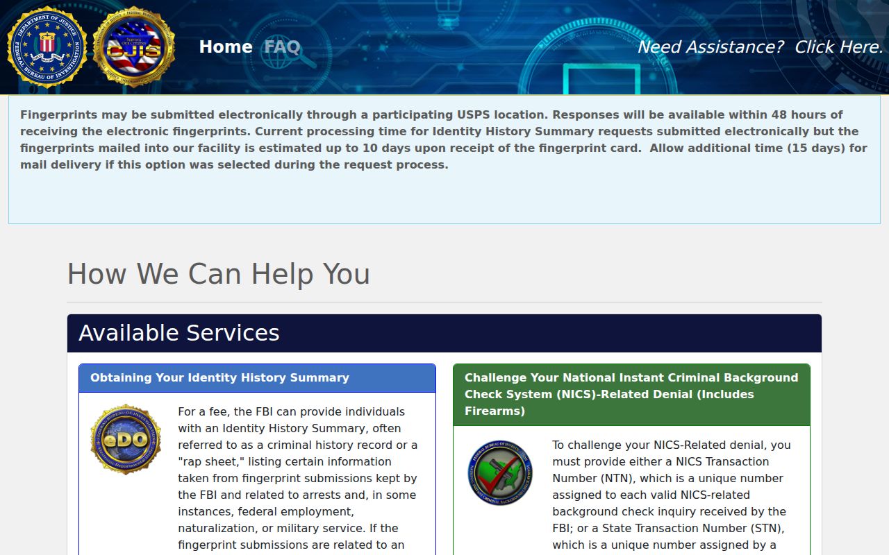 FBI own-record request portal relevant to a Bath County arrest history review